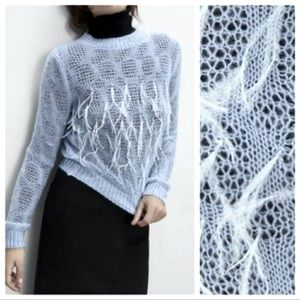 New ZARA Blue Feather Front Knit Sweater